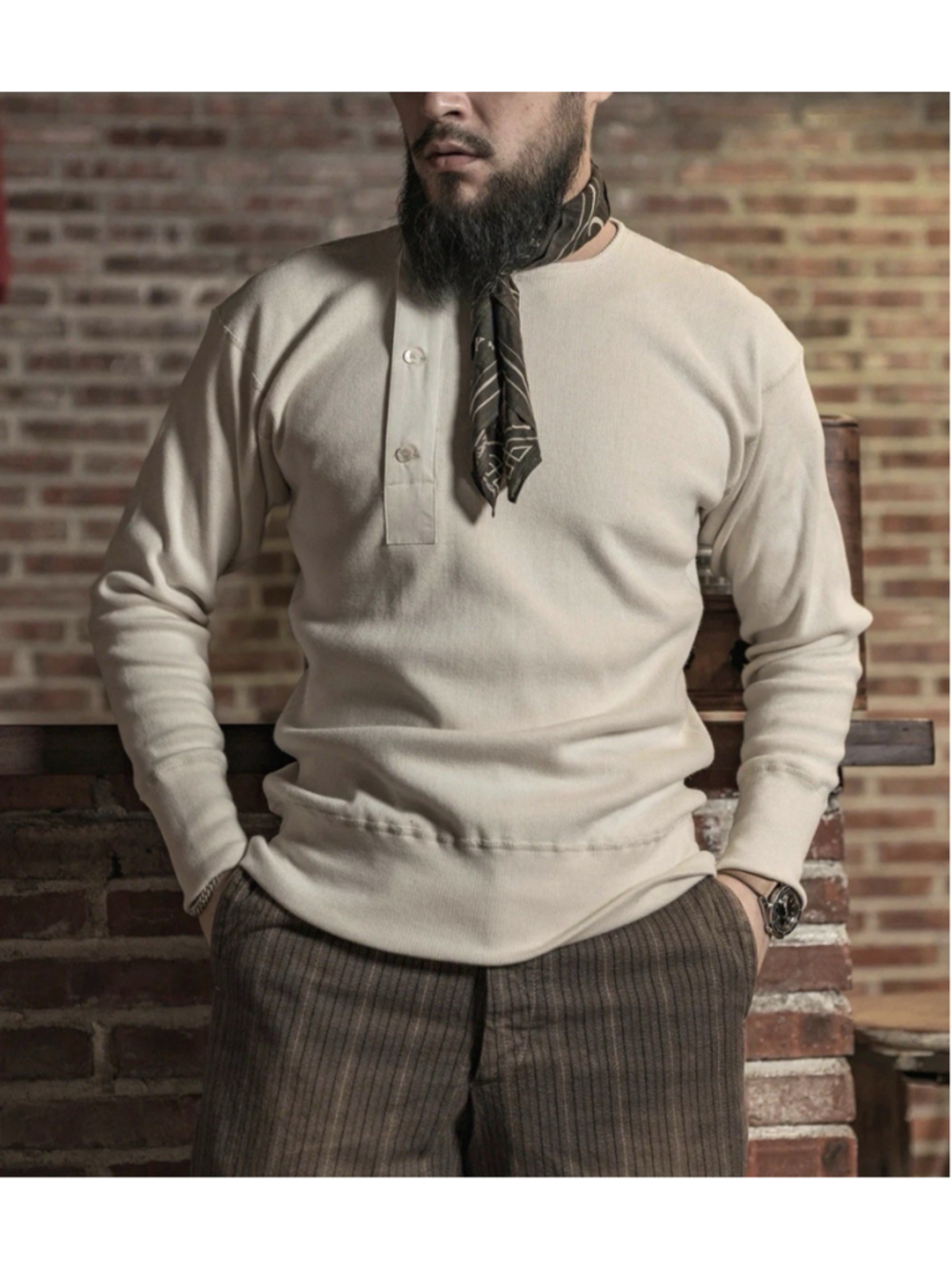 100% Cotton 14 oz Side Closing Henley Shirt Beige Bronson Mfg Co. Long Sleeve L - Picture 4 of 6